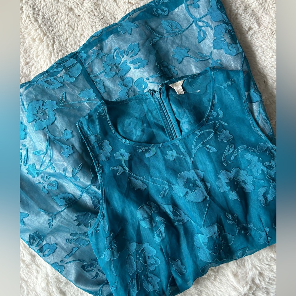 I Love H81 - Turquoise Blue Floral Semi Sheer Sleeveless Mini Dress